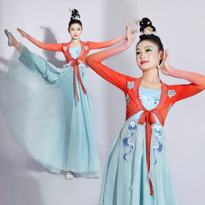 Women Girls Orange Blue Hanfu Ancient Chinese folk Classical Dance Costumes ethereal peach and plum cup on the play traditional dane clothes art test set