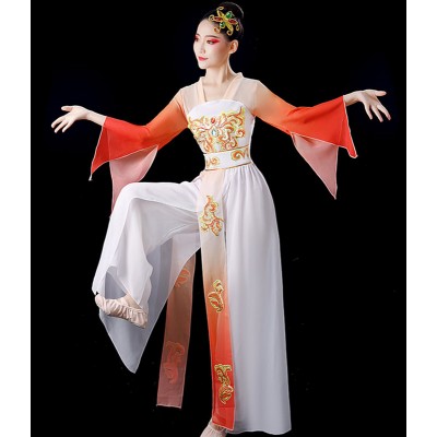 Women girls orange gradient Chinese Classical  folk dance performance costume female elegant fan dance dresses hanfu Chinese style modern dance costume