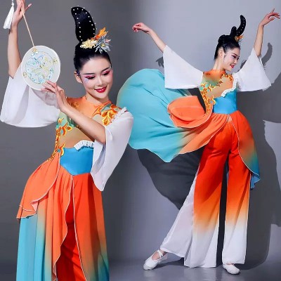 Women girls orange gradient Chinese folk Classical dance costumes hanfu fairy dress Female Chinese style Yangge fan dance clothes Solo dance suit for female