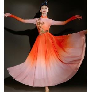 Women Girls Orange Gradient Chinese Folk Dance Dresses classical dance costumes qipao dress opening dance skirts chorus modern dance dress for female
