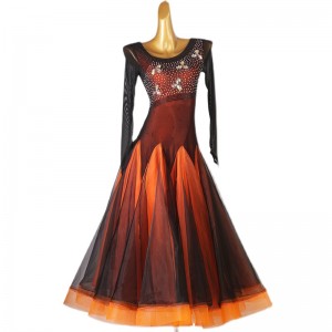 Women girls orange with black competition standard ballroom dance dresses modern waltz tango foxtrot smooth dance long dress for woman