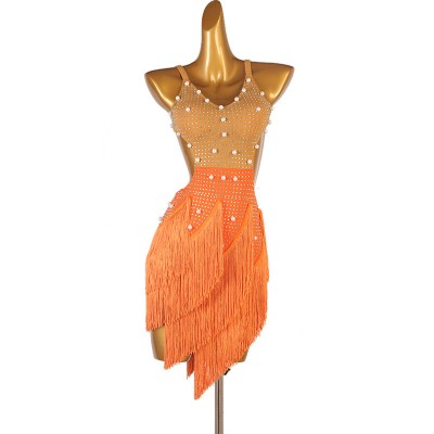 Women Girls Orange With Flesh Tassels Competition Latin Dance Dresses With Gemstones Professional Salsa Cha Cha Performance Skirts For Female