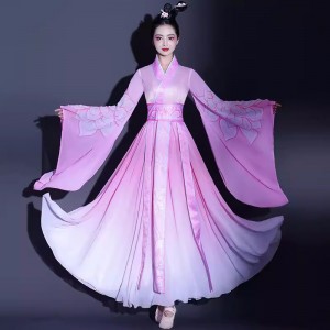 Women girls pink Chinese folk Classical dance performance costumes ancient traditional princess queen fairy dance Hanfu wide-sleeved flowing water sleeves fairy dancing gown for female