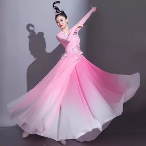 Women Girls Pink gradient chinese folk dance dress classical dance costumes fairy fan umbrella solo competition dancing flowing dress for girls 