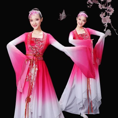 women Girls pink gradient waterfall sleeves chinese folk classical dance dress elegant fan umbrella caiwei dance costumes fairy hanfu Yangko dance clothes for female