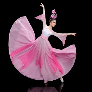 Women girls pink petals Chinese folk dance dress classical traditional caiwei fan umbrella Fairy Hanfu princess performance costumes for female
