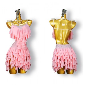 Women girls pink ruffles flowy latin dance dresses modern competiiton ballroom salsa chacha rumba performance outfits for female
