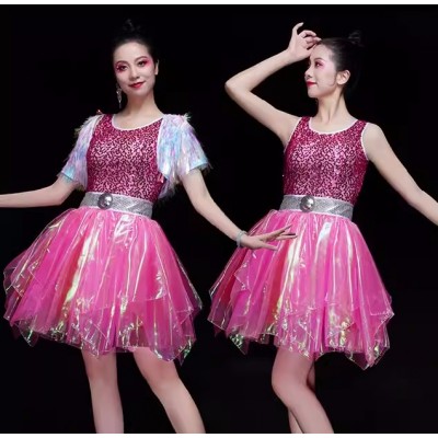 Women girls pink sequins Jazz dance ds performance costume rapper singers band gogo dancers solo modern dance dresses fashion stage electric syllabary clothes