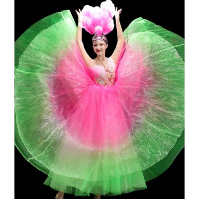Women girls pink with green petals flamenco dance dresses spanish paso double dance skirt choir singers dresses Chinese folk dance dress for woman