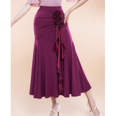 Women girls purple blue black flowers ballrom dance skirts long length waltz tango foxtrot smooth dance long skirt for female