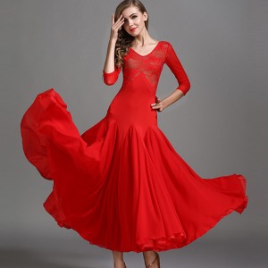 Women girls red black lace ballroom dancing dresses waltz tango stage performance flamenco dresses