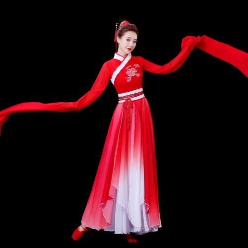 Women girls red chinese folk dance dress classical traditional Waterfall-sleeved dance costumes Jinghong fairy princess dance Hanfu classical dance clothes