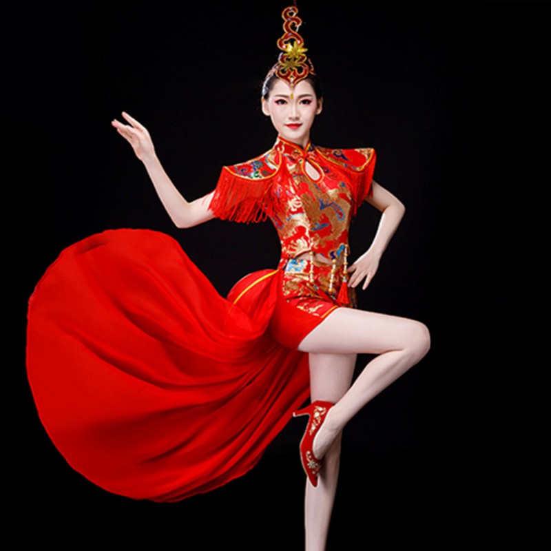 Women girls red dragon china style oriental drummer umbrella fan stage performance gogo dancers costumes tops tuxedo shorts