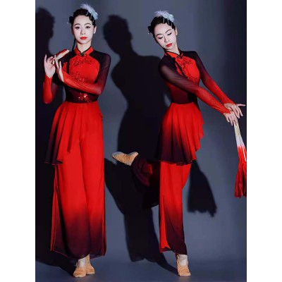 Women Girls Red Gradient Chinese Folk classical dance costume Flowing modern Jiaozhou Yangge fan Umbrella dance Dresses test set