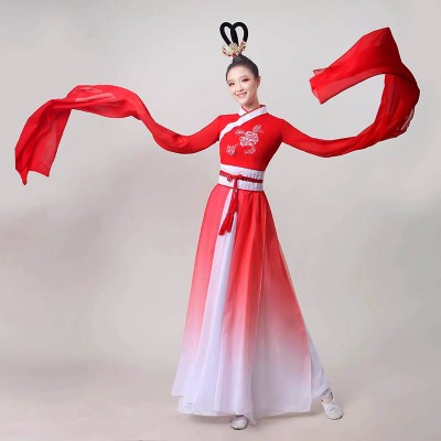 Women Girls Red Gradient waterfall sleeves Chinese folk classical Hanfu princess fairy dancers fan umbrella performance dance wear for adult