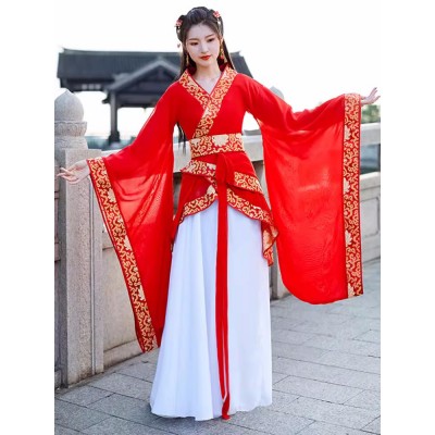 Women girls Red Hanfu female Chinese Ancient traditional style fairy Princess Queen Empress cosplay dresses guzheng performance gown