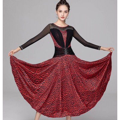 Women girls red leopard blue floral ballroom dancing dresses waltz tango foxtrot smooth dance stage performance costumes for woman
