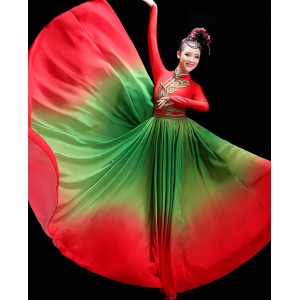 Women girls Red With green Mongolian dance costumes Chinse folk dance dress art examination opening dance large swing skirt Mogolia dance dresses robe for female