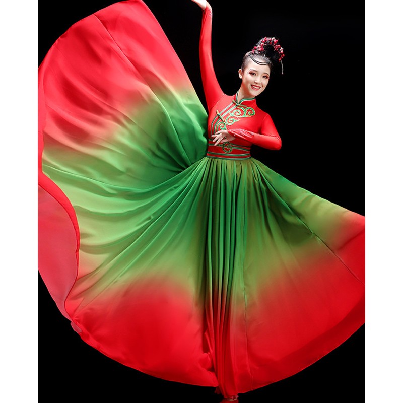 Women girls Red With green Mongolian dance costumes Chinse folk dance dress art examination opening dance large swing skirt Mogolia dance dresses robe for female