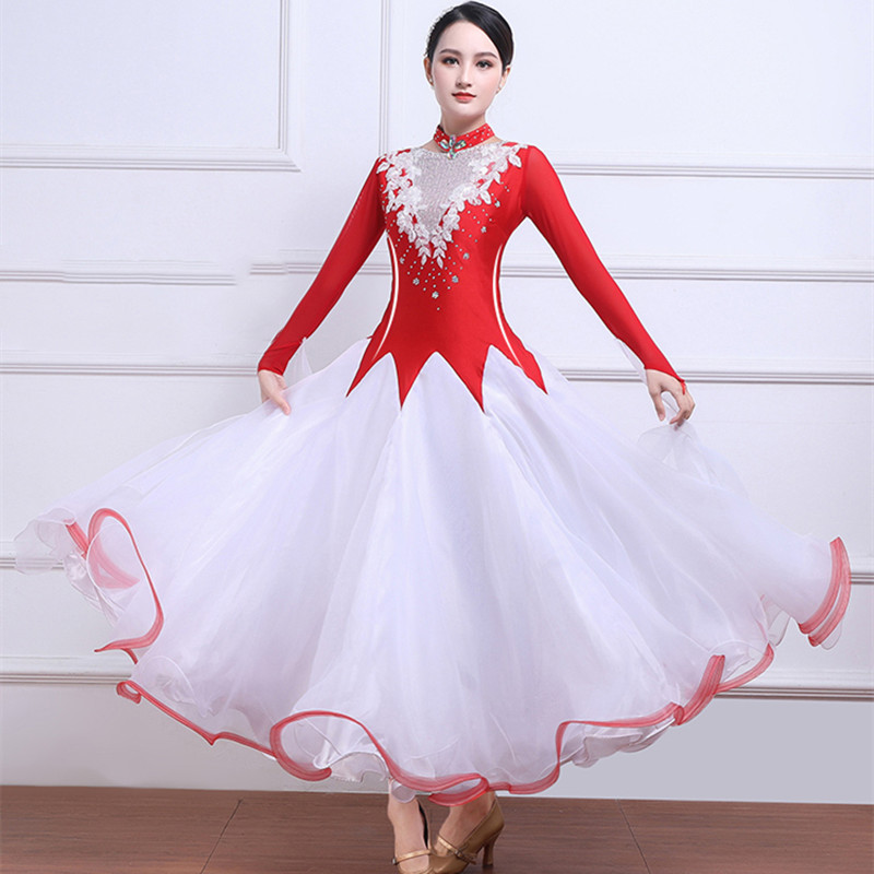 Women girls Red with white ballroom dance dresses stage performance professional diamond waltz tango foxtort dance dresses