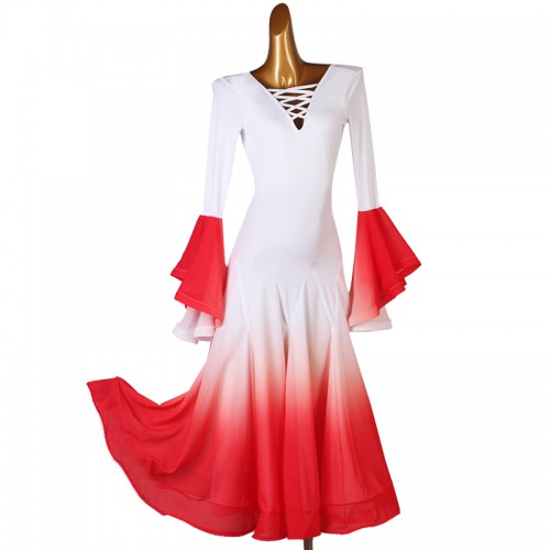 Women girls red with white gradient color ballroom dance dress flare sleeves modern dance waltz tango foxtrot smooth dance long dress for woman
