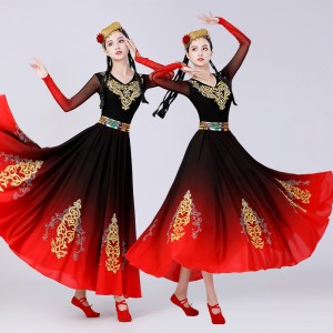Women girls Red wtih black gradient Xinjiang dance dresses Uyghur dance costumes female art exam performance clothes swing skirts