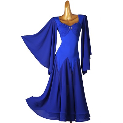 Women girls royal blue ballroom dance dresses flare sleeves foxtrot waltz tango dance long length dress practice ballroom dancing gown