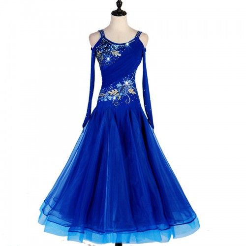 Women girls royal blue competition ballroom dance dresses with diamond professional sexy hollow shoulder waltz tango dance long dress
