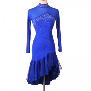 Women girls royal blue gemstones competition latin dance dresses turtle neck salsa rumba stage performance chacha ballroom dancing costumes for female