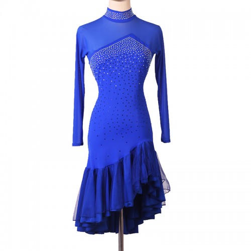 Women girls royal blue gemstones competition latin dance dresses turtle neck salsa rumba stage performance chacha ballroom dancing costumes for female