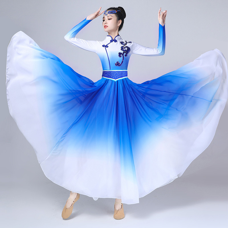 Women girls royal blue gradient Mongolian Dance dress modern opening dance art test large swing skirt Mongolian minority dance costumes Xinjiang Uyghur dance dress