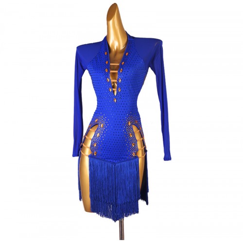Women Girls Royal Blue Tassels Competition Latin Dance Dresses Side Slit long Sleeves with Gemstones Professional Salsa Cha Cha Rumba Dance Wear For Girl