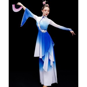 Women girls royal blue with white gradient  Chinese folk dance dresses ancient traditional classical fairy hanfu fan yangge umbrella dance costumes for female