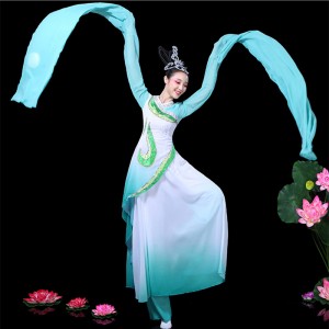 Women girls turquoise pink gradient chinese folk dance dresses waterfall sleeves fairy hanfu traditional classical dance costumes caiwei dance wear for female