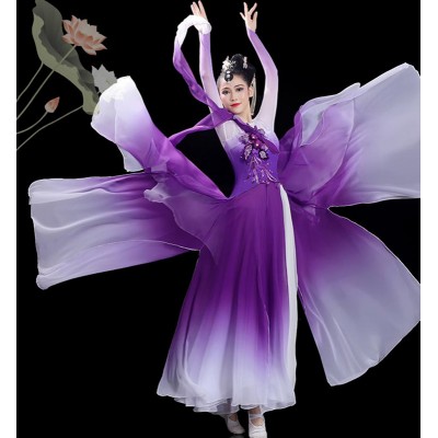Women girls violet gradient Chinese Folk Dance Dress Hanfu Ancient traditional Yange Umbrella Fan Classical Dance Costumes 