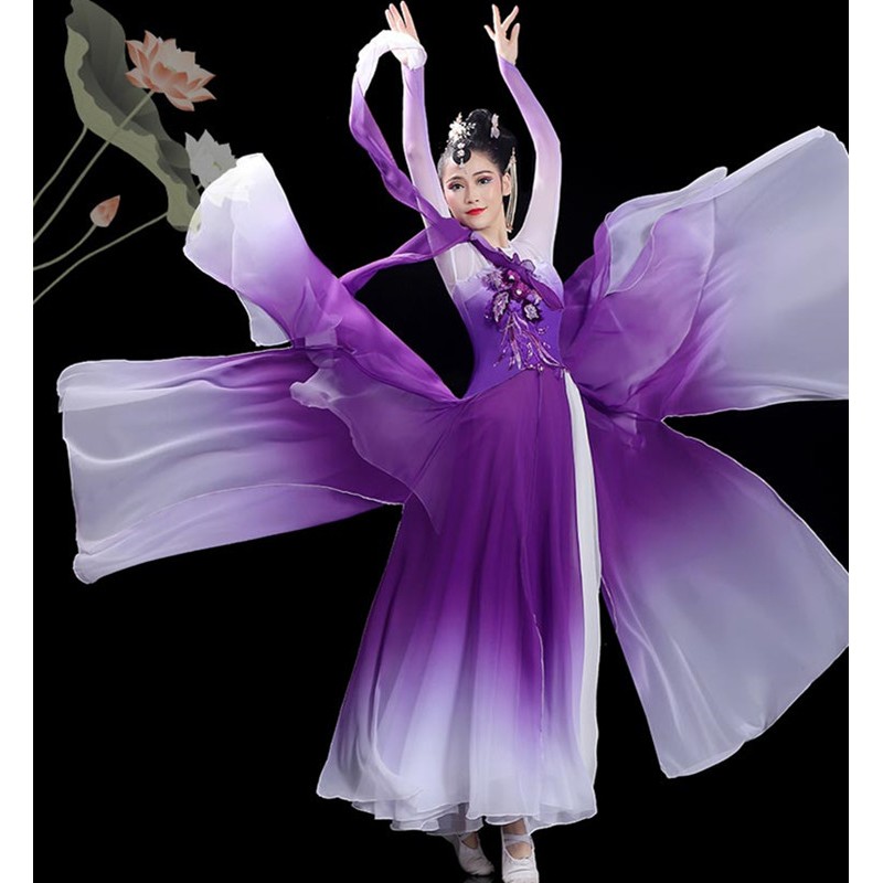 Women girls violet gradient Chinese Folk Dance Dress Hanfu Ancient  traditional Yange Umbrella Fan Classical Dance Costumes -  Material:polyester ( not stretchable fabric )Content: only d
