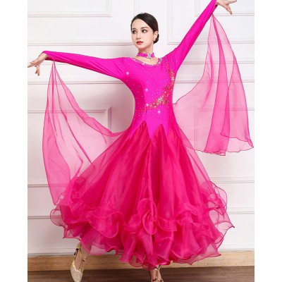 Women girls violet purple fuchsia hot pink ballroom dance dresses waltz tango foxtrot smooth dance long gown for female