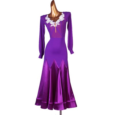 Women girls violet purple with lace flowers ballroom dance dress waltz tango long length foxtrot smooth dance dress stage performance gown