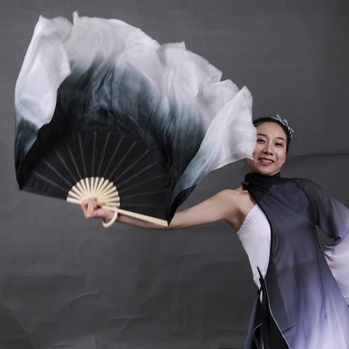 Women girls white black gradient mulberry silk Chinese folk dance fans Ink rhyme classical Hanfu folk dance Yangko performance silk fan double-sided gradient