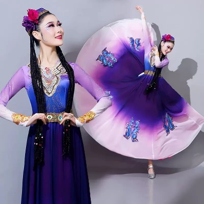 Women girls Xinjiang dance dresses Chinese folk Uyghur costume Uyghur art test solo dance Ethnic minority performance Swing skirt with hat