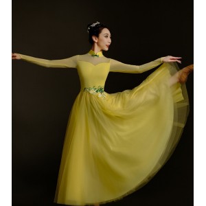 Women girls yellow chinese folk dance dresses umbrella fan dance clothes yangge traditional classical dance suit for female