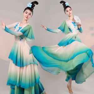 Women green gradient chinese folk classical dance costumes traditional fairy hanfu dance dress ancient umbrella fan dance clothes for female
