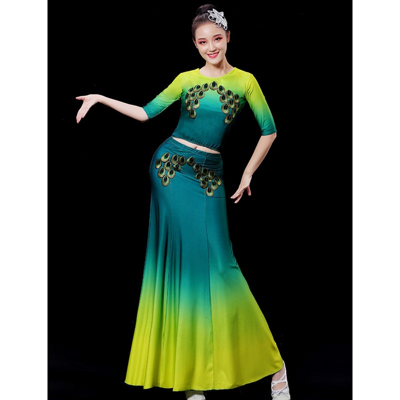 women Green gradient chinese folk dai dance costumes Yunnan Xishuangbanna long-sleeved peacock dance skirt art test dress for female