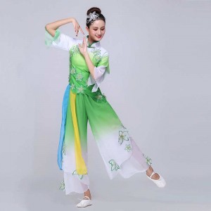 Women green gradient color chinese folk dance costumes umbrella yangko fan dance dress stage performance classical dance clothing for female