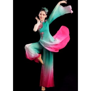 Women Green pink gradient chinese ancient folk Classical dance costumes flowy sleeves fairy princess dance hanfu fan umbrella dance song dancing dresses set for female