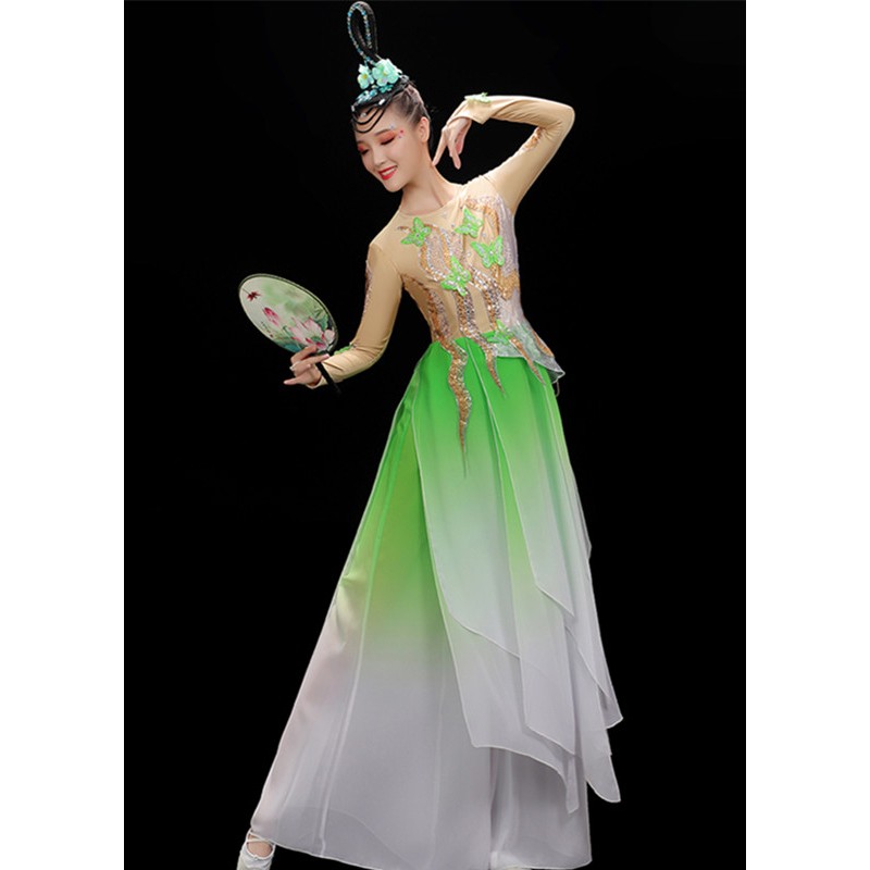 Women green pink red Chinese folk Classical dance costumes fairy hanfu butterfly female elegant jasmine dance dresses art examination umbrella fan Yangge dance suit