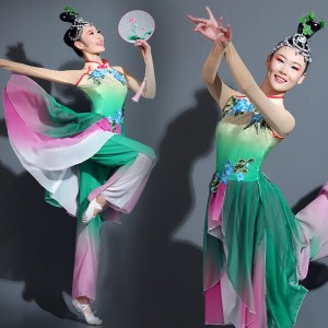 Women Green With pink  Chinese folk dance costumes ancient traditional classical dance dresses umbrella fan yangge dance dress for Girls