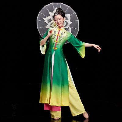 Women green yellow chinese Classical dance costume hanfu female fairy princess dresses umbrella fan dance costume adult suit