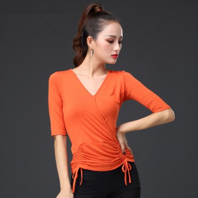 Women latin ballroom dance tops orange black short sleeves gymnastics stage performance tango dancing blouse shirts