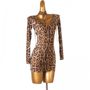 Women leopard competition latin dance dresses with fringed diamond long sleeves v neck rumba salsa chacha dance dress for woman